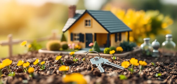 A charming model house with yellow walls sits amid vibrant flowers. A set of keys rests in the soil, representing the joy of owning a new home in a bright, inviting outdoor space.