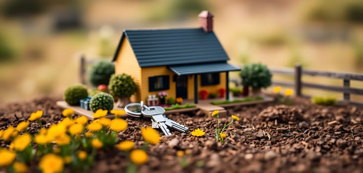 A miniature house sits nestled in garden soil, accompanied by keys and bright yellow flowers, creating a tranquil outdoor atmosphere in daylight.