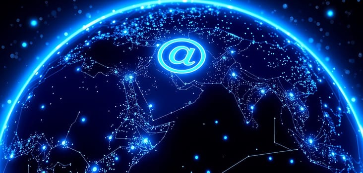 The globe shines brightly with numerous lights representing cities around the world. The email symbol prominently stands out, symbolizing global connectivity and communication in the digital age.