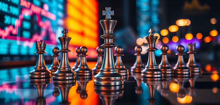 A close-up view of metallic chess pieces arranged strategically on a chessboard, with colorful financial market graphs glowing in the background during nighttime.