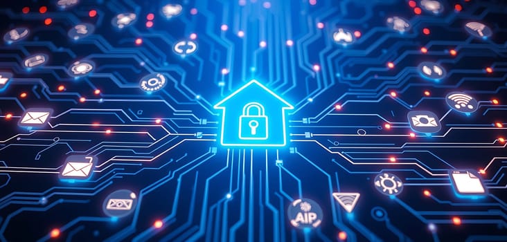 A vibrant digital representation showcases a lock at the center of a circuit pattern, illustrating the concept of cybersecurity and network protection in a tech-oriented environment.