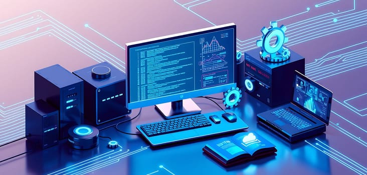 A modern workspace featuring a computer monitor displaying complex coding, alongside glowing peripherals, showcasing advanced technology and digital creativity.