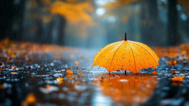 Orange leaf in the form of umbrella on wet autumn street with falling rain.