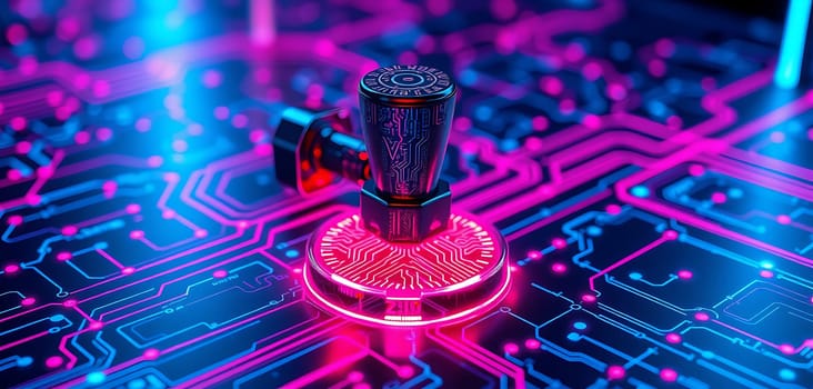 The design features a striking valve positioned on a vibrant circuit board adorned with bright neon lines and intricate patterns, symbolizing modern technology.