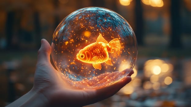 Hand holding glowing fish in glass sphere, magical concept.