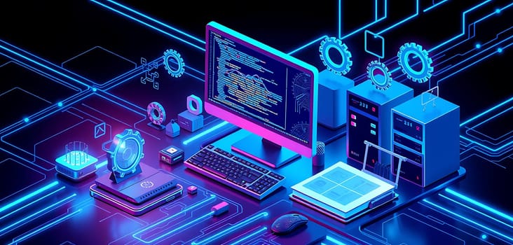 Brightly colored workspace showcasing a computer setup with coding displayed on the monitor and various high-tech gadgets, illustrating a creative tech environment.