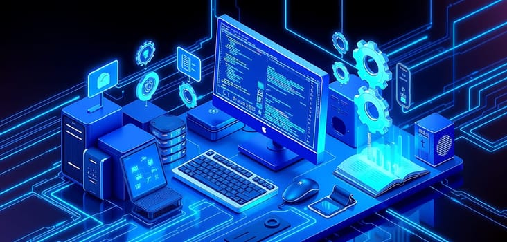 The workspace showcases advanced computers and coding displayed on screens, surrounded by various tech devices and glowing circuit patterns, creating a digital atmosphere.