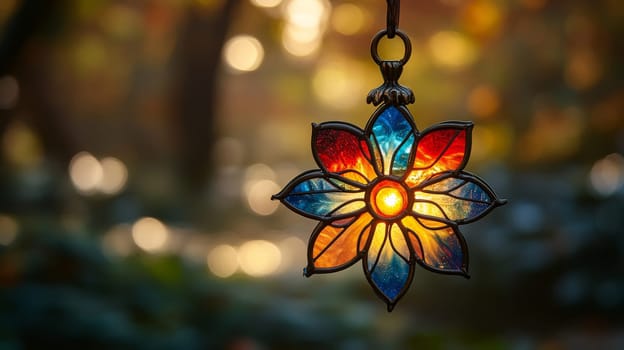 Stained glass flower ornament in sunlight, bokeh effect. Artistic craft and decorative design concept.