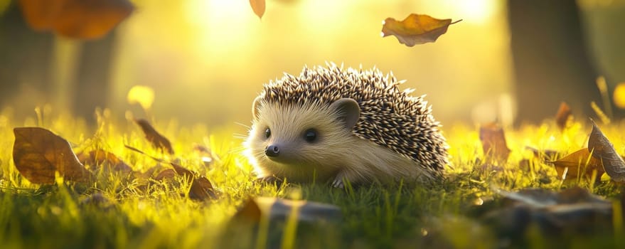 Hedgehog in sunlit autumn scene.