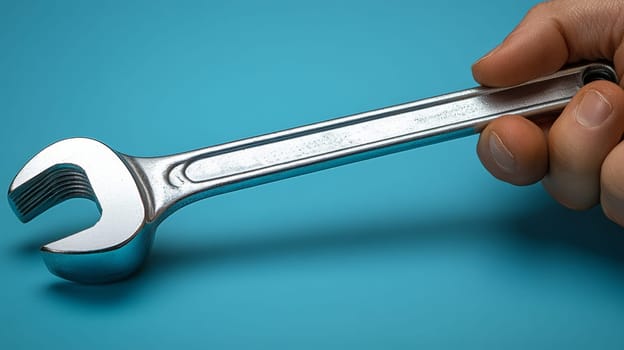 Hand holding a silver wrench on blue background, tool concept.