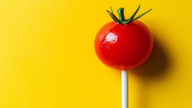 Tomato lollipop on a vibrant yellow background.