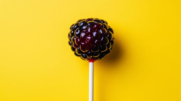 Lollipop resembling blackberry on yellow background, vibrant food concept.