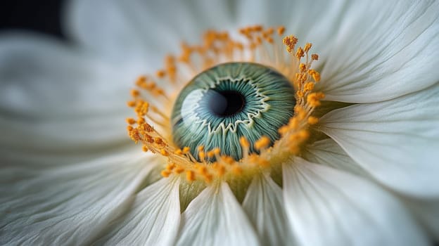 Close-up of a flower with eye detail, surreal art. Nature and vision concept.