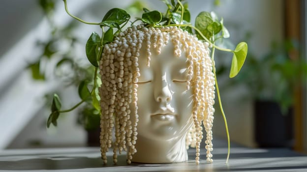 Ceramic vase with pearls plant on sunlit surface.