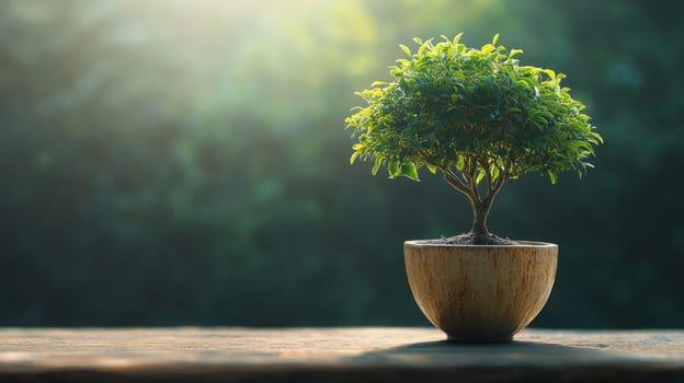 Potted bonsai tree on wooden table, sunlight background. Nature and tranquility concept.