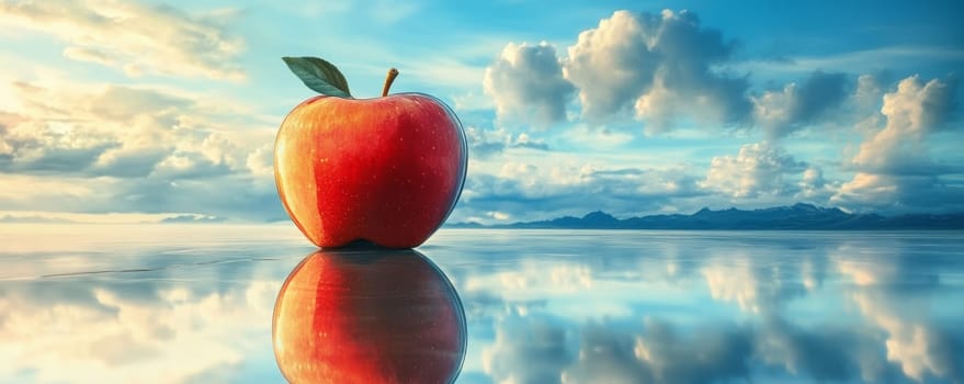 Red apple on reflective surface with cloudy sky.