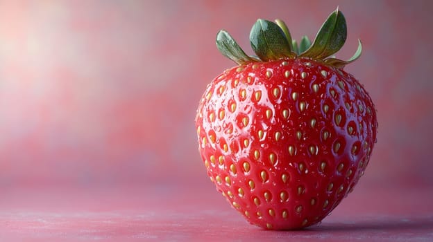 Close-up of a fresh strawberry on a pink background, vibrant color. Healthy eating and natural food concept.