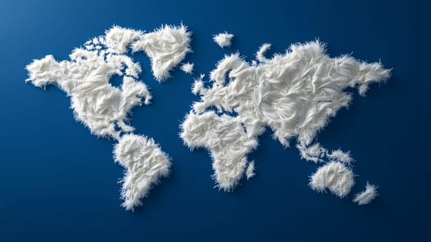 World map composed of white feathers on a blue background.