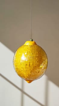 Lemon-shaped disco ball pendant light casting shadow in minimalistic space. Modern art and design concept.