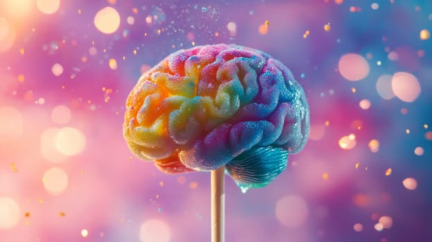 Colorful artificial brain with sparkling bokeh in the background.