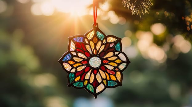 Stained glass floral ornament hanging in sunlight, colorful bokeh background. Artistic decor concept.