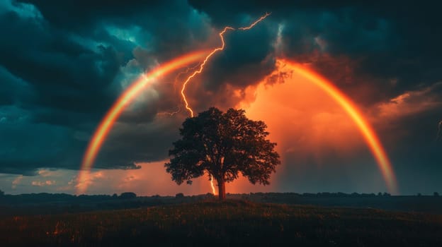 Lone tree with rainbow and lightning in dramatic sky, nature's power and beauty concept.
