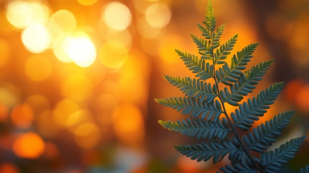 Fern leaf with autumn sunset bokeh, nature background. Serenity and tranquility concept.