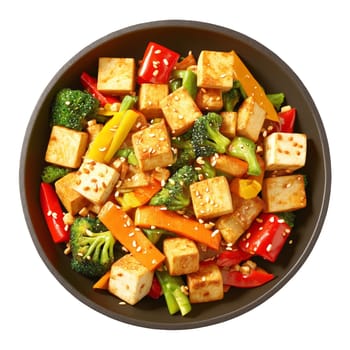 Vegetable stir fry vibrant Asian medley with tofu cubes and sesame seeds tossed isolated on. Food isolated on transparent background.