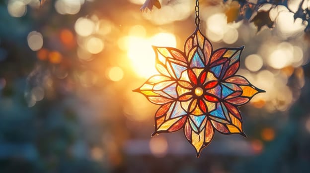 Stained glass sun catcher hanging with bokeh sun rays. Artistic decoration and craft concept.