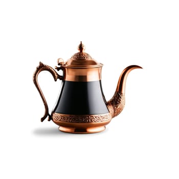 Elegant copper Turkish coffee pot with an ornate handle filled with rich dark coffee Mockup. Drink isolated on transparent background