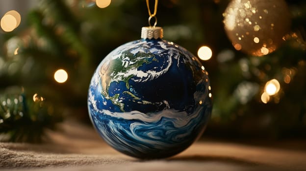 Earth-themed christmas ornament with festive lights.