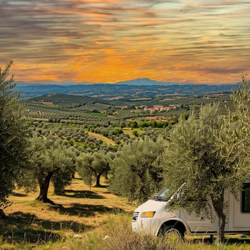 Camping car is parked on a green meadow surrounded by olive trees. The sun is just setting and is coloring the sky in warm orange and red tones.
