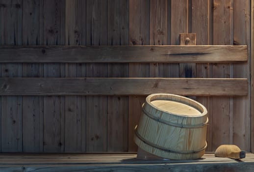 The wooden bucket and ladle sitting on wooden benches in the wooden sauna room. Relax in a hot sauna, Relaxation spa concept. Copy space, Selective focus.