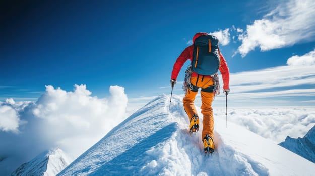 A mountaineer climbs to the summit of a snow covered mountain. Concept of achievement, success, and perseverance.