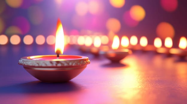 Diya Lamps with bokeh lights. Concept of Diwali Festival.