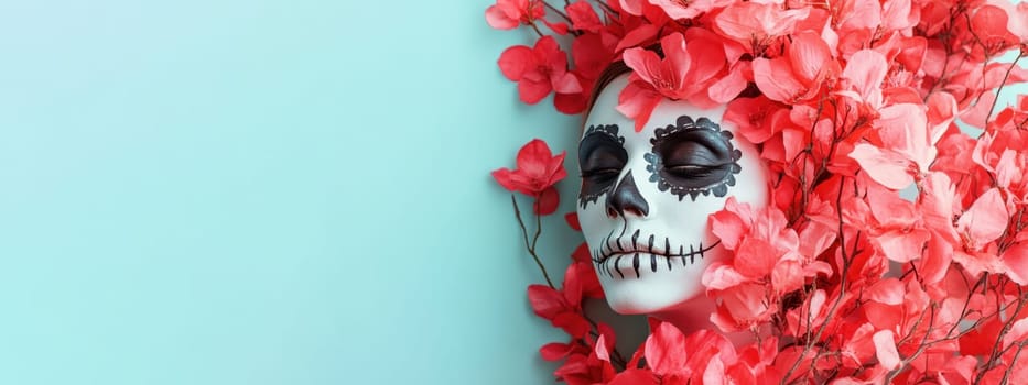 Sugar Skull Makeup with Pink Flowers for Day of the Dead