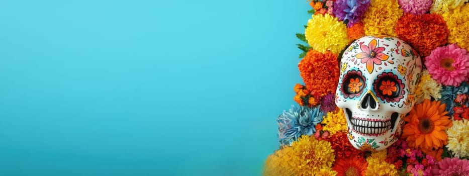 Colorful sugar skull with marigolds and flowers. Celebration of Day of the Dead.