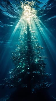 Underwater view of a christmas tree with sunlight, magical ambiance.