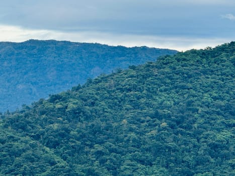 The vibrant green hills rise dramatically against a backdrop of a cloudy sky, revealing the dense vegetation and rich biodiversity typical of tropical rainforests.