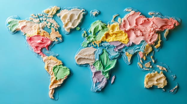 World map made of colorful ice cream on blue background, creative art concept.