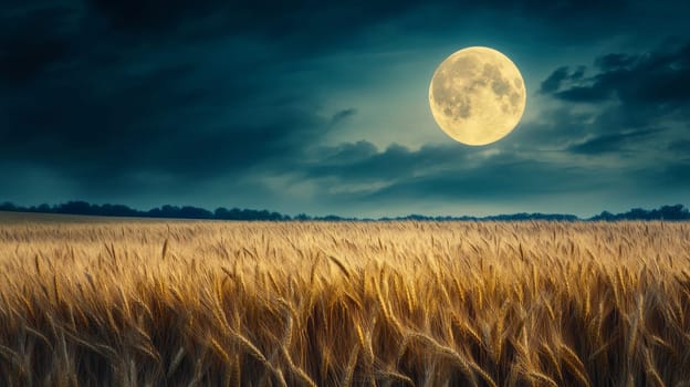 Field of golden wheat under full moon, serene night scene. Nature and tranquility concept.