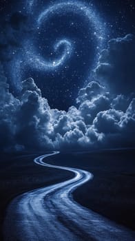 Winding road under starry sky with swirling galaxy and clouds.