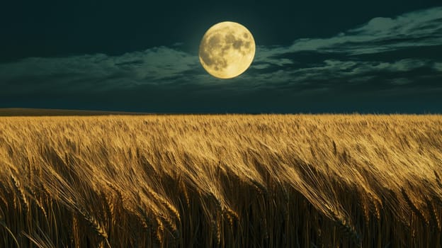 Golden wheat field under full moon at night, tranquil nature scene. Serene countryside and harvest concept.
