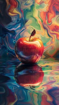 Red apple with vibrant swirling background, surreal art concept.