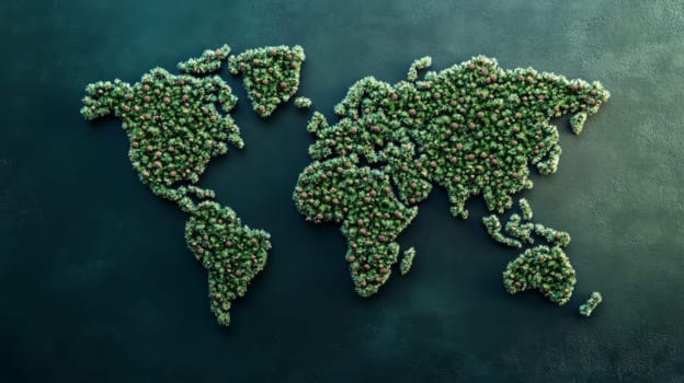 Map of the world made from green pine cones on dark background, environmental conservation concept.