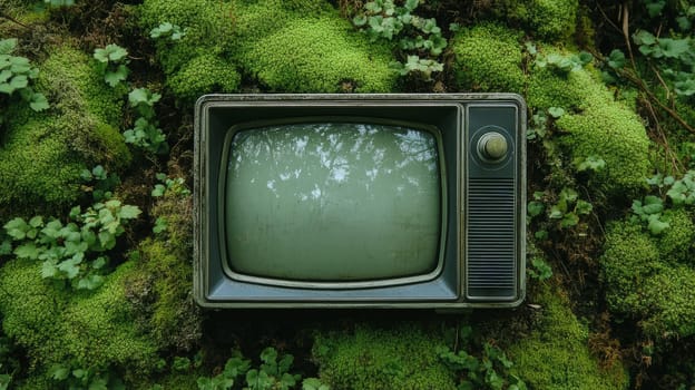 Vintage television in a lush green forest with moss, nature concept.