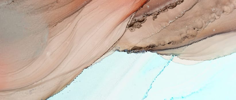 Vibrant abstract composition showcases flowing patterns in warm peach and cool turquoise, blending seamlessly in an artistic display of color and texture.