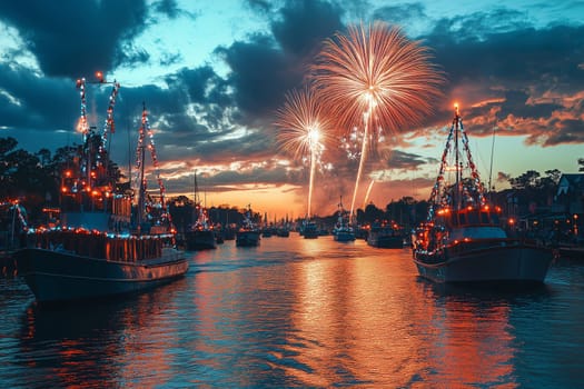 As dusk falls over the waterfront, festive boats adorned with lights float majestically while fireworks burst overhead, creating a magical Mardi Gras atmosphere.