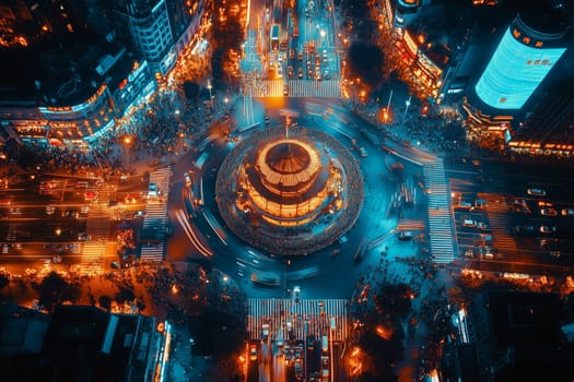 An electrifying cityscape comes alive at night, filled with bustling crowds and shimmering lights. The vibrant circular hub radiates energy as people celebrate.