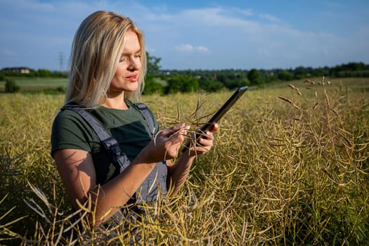 A woman farmer is checking the quality of rapeseed on the middle of the field and holding a tablet. She is checking the information about her harvest. Her shapely lips are slightly open. She owns a rapeseed field and is checking this year's harvest. She is an experienced farmer, caring for her crops in a vast field. She has blonde hair and tanned skin. She is pleased and satisfied with her yields. The soil is fertile and productive. The rapeseed is yellow and ready for harvest. Satisfied with the bountiful and lavish harvest, the woman farmer, adorned in working clothes, gazes upon the expansive yellow landscape with a sense of fulfillment. With the blue sky adorned with fluffy white clouds overhead, she stands in profile, her spirit merging with the warmth of the sun, celebrating the culmination of her dedication and the richness of the land's yield. She looks tired about the harvest.